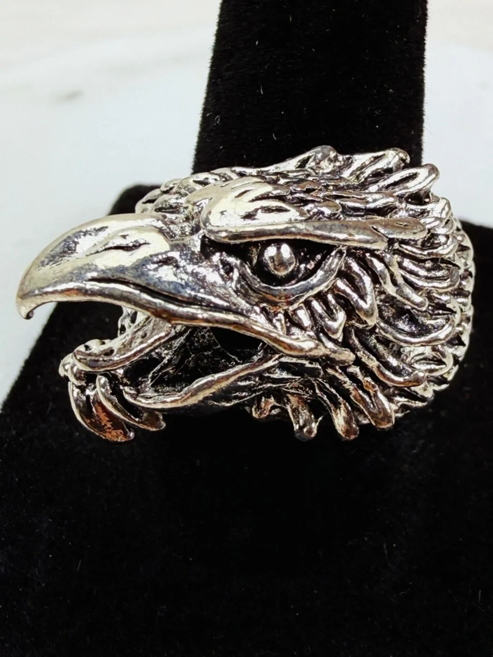 Interesting Silvertone raised eagle or dragon costume ring